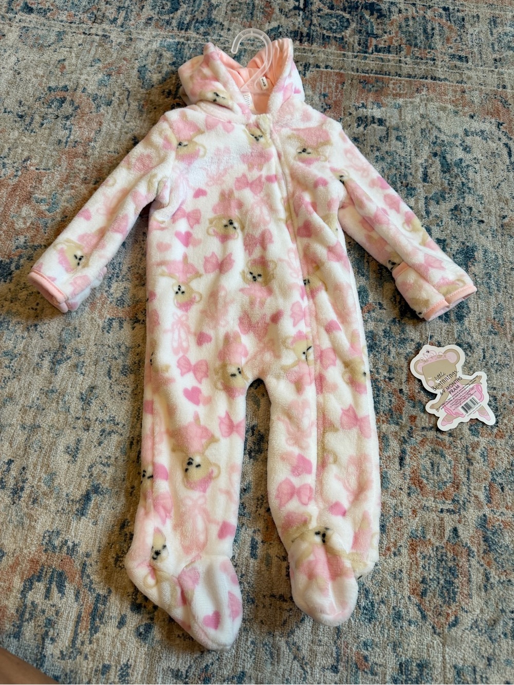 Pink Bear-Print Fleece Hooded Footie One-Piece for Kids